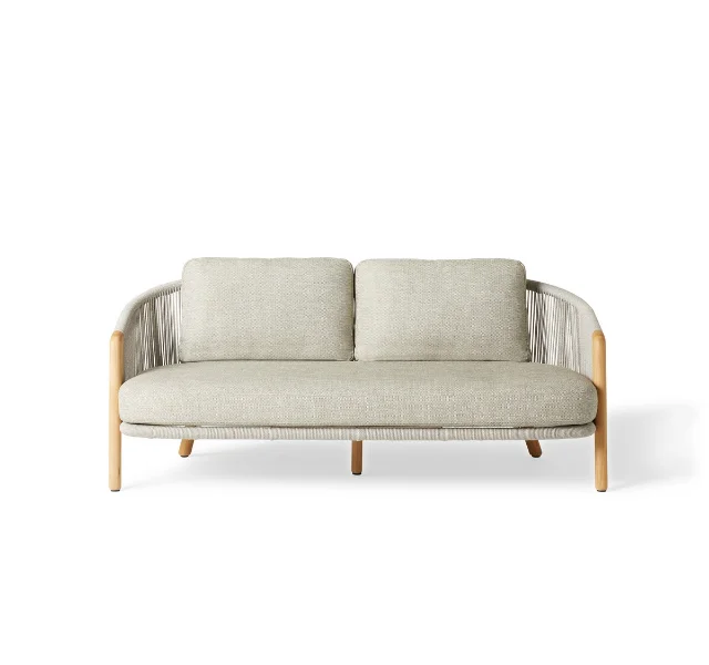 Modern Solid Teak Wood Outdoor Garden Sofa Two Seater Woven Rope Detail Waterproof Thick Cushions Eco-Friendly Hotel Apartment