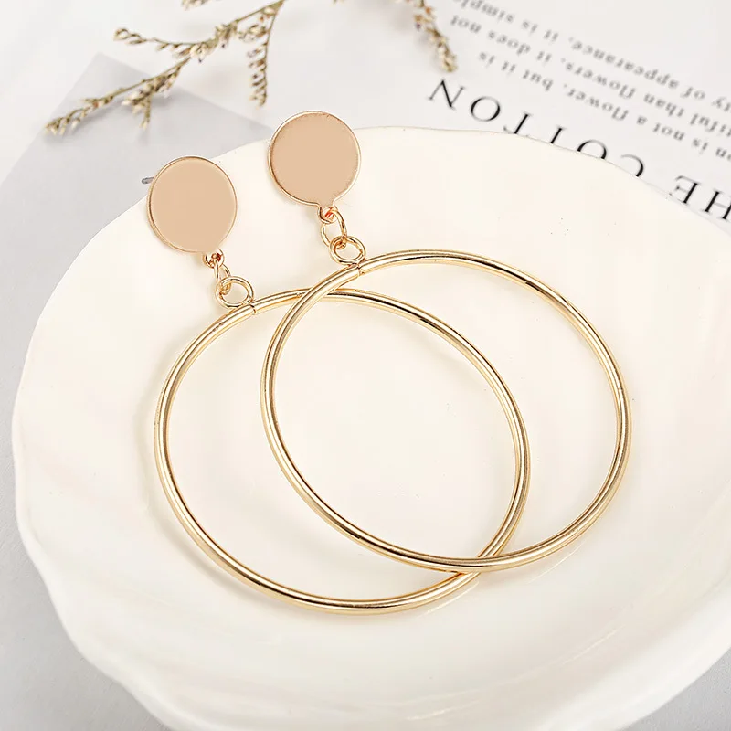New Arrival Gold Color Long Hollow Big Round Earrings Hiphop Simple Circle Brincos For Women Accessories Jewelry