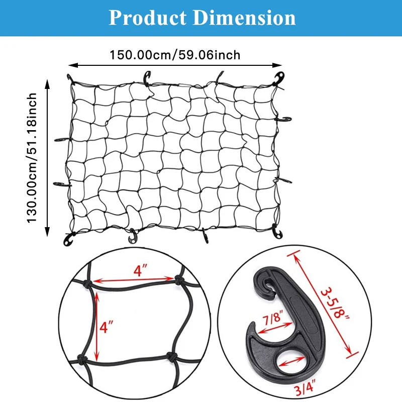 Heavy Duty Bungee Cargo Net Grid Mesh Roof Rack Net Interior Ceiling Cargo for Pickup Truck Bed and SUV Roof Travel Organizer