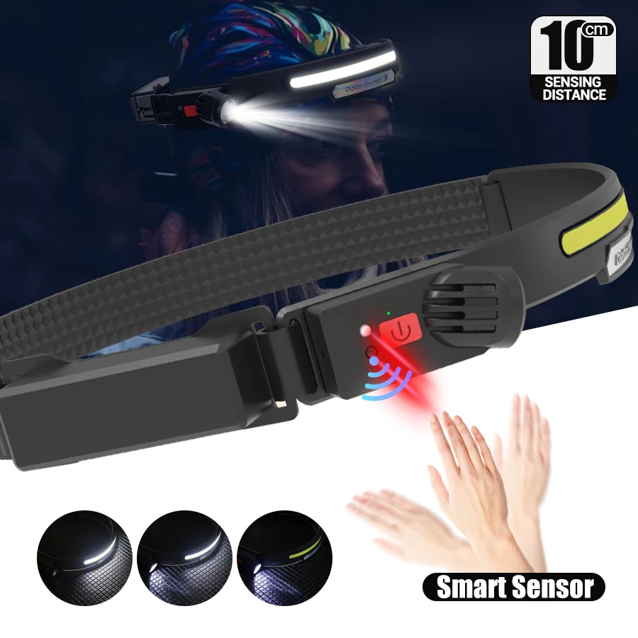 Imagem -02 - Xpe Mais Cob Led Sensor Headlamp Usb Recarregável 18650 Bateria Cabeça Tocha ao ar Livre Lanterna de Emergência Pesca Camping Lanterna