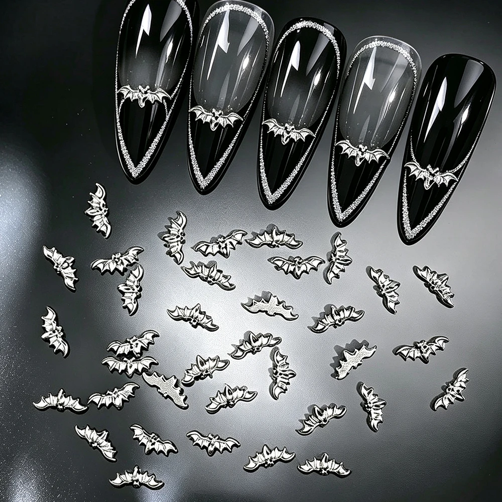 1 Glas Mini Legierung Silber Fledermaus Halloween Nagelrhinestone Metall Fledermaus Französische 3D Nagelcharms Glänzende Silberne Fledermausflügel Maniküre Dekoration – Detail 7