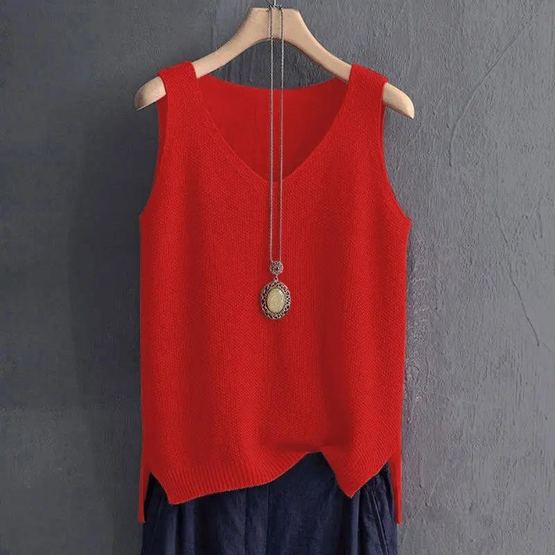 Suéteres finos sin mangas de talla grande para mujer, Chaleco de punto informal de gran tamaño, Top femenino, jerséis sólidos que combinan con todo
