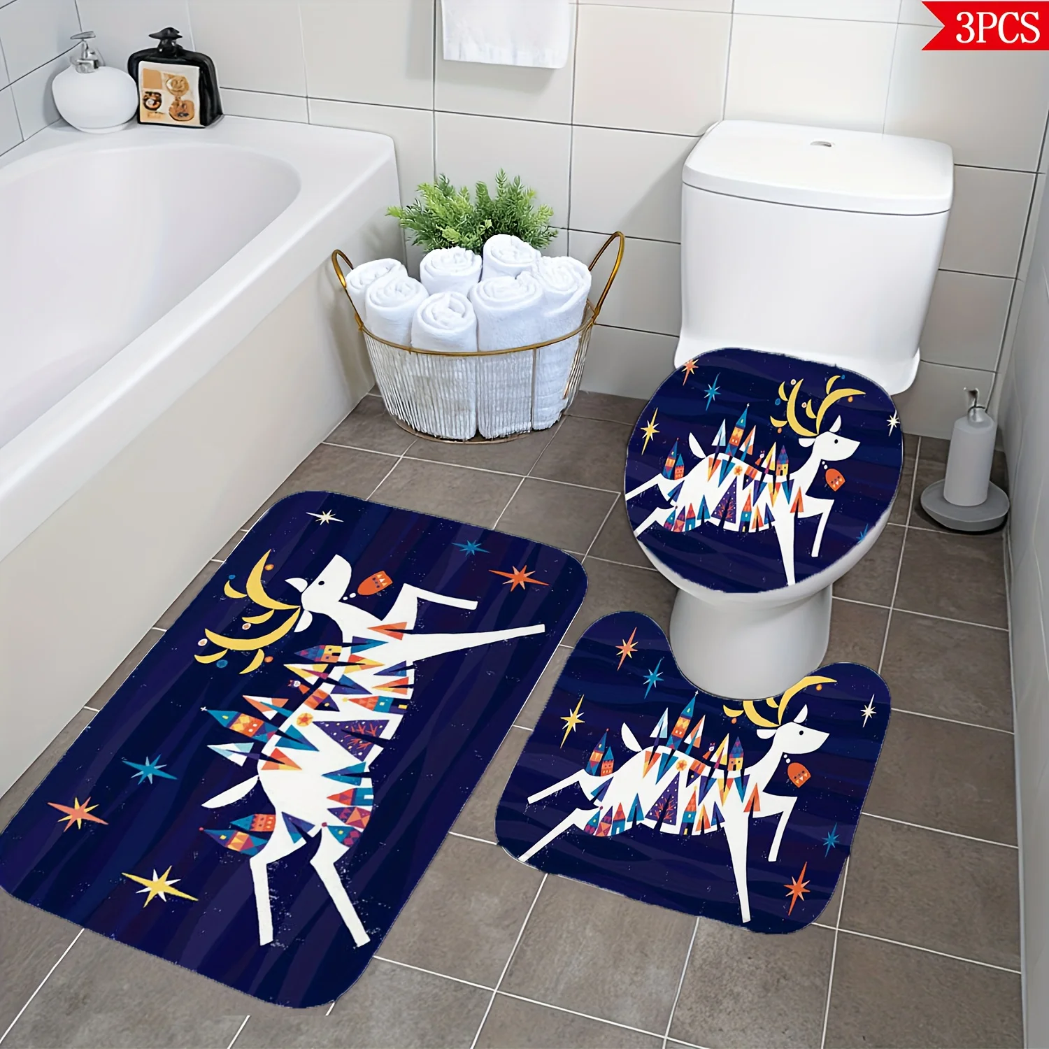 Cute Space Unicorn Reindeer Bathroom Mat Set 3PCS Bath Rug Toilet Floor Home Decor Accessory Mat