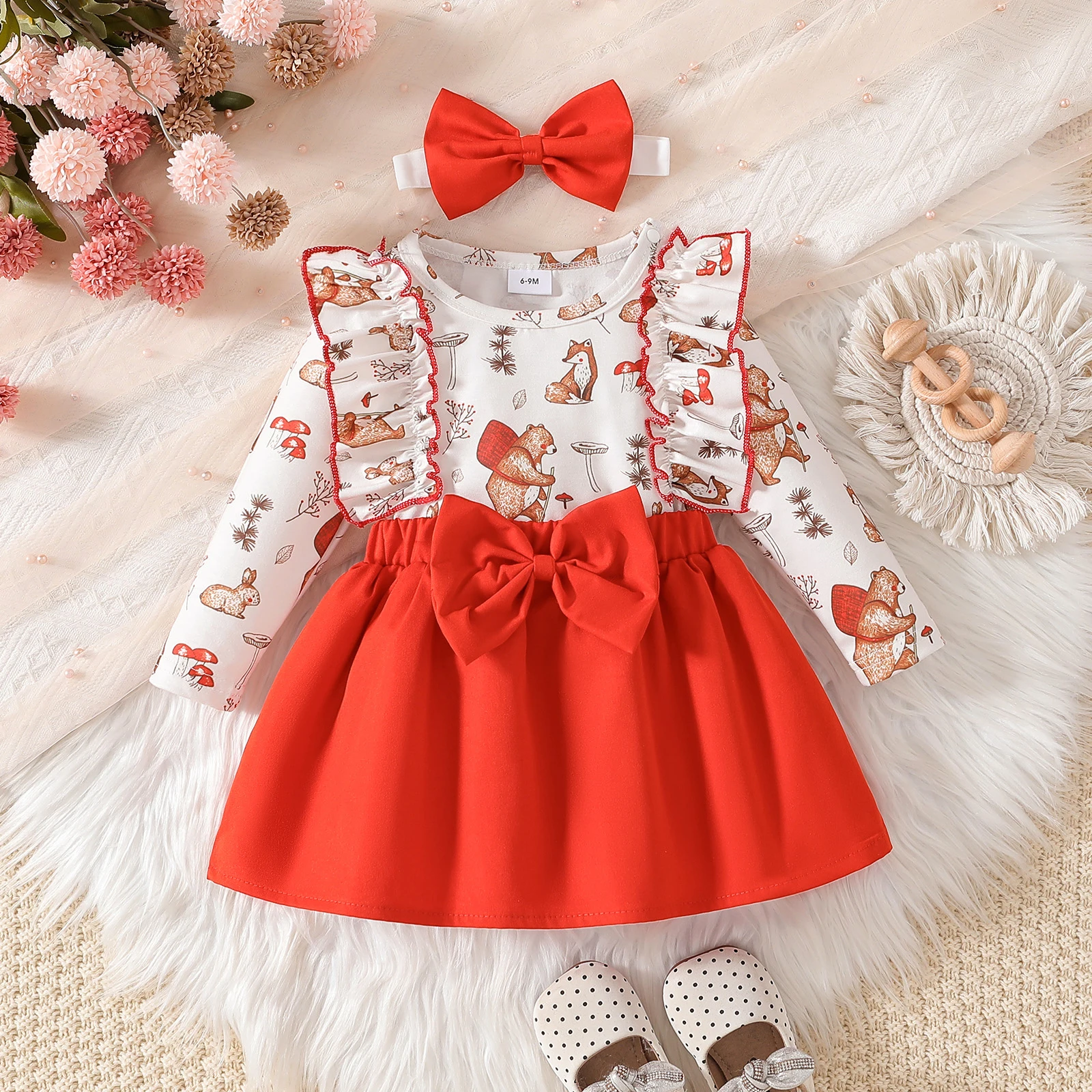 0-2 Year Old Newborn Baby Girl Dress Ruffle Long Sleeved Patchwork Dress Butterfly Animal Print Headband Set