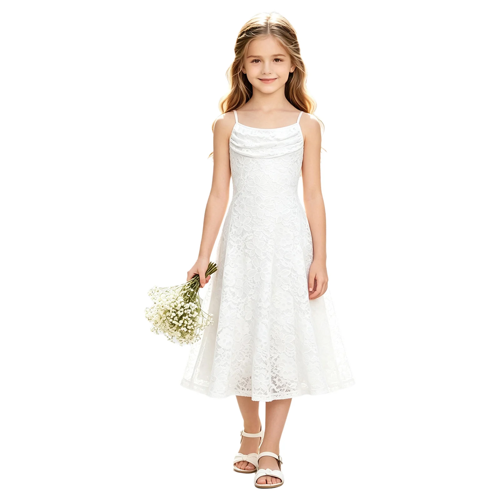 Girls Princess Dress Floral Lace Wedding Party Gown Spaghetti Straps Sleeveless Formal Dresses for Birthday Banquet Vestidos