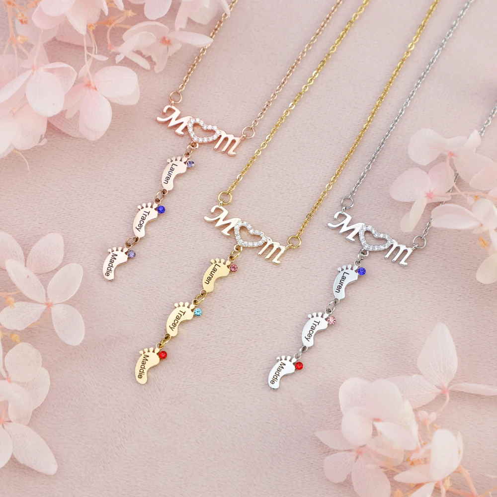 Personal isierte Namen Mutter Halskette Baby Füße Anhänger Halskette Edelstahl Halskette Schmuck Geschenk Muttertag Geschenk – Detail 5