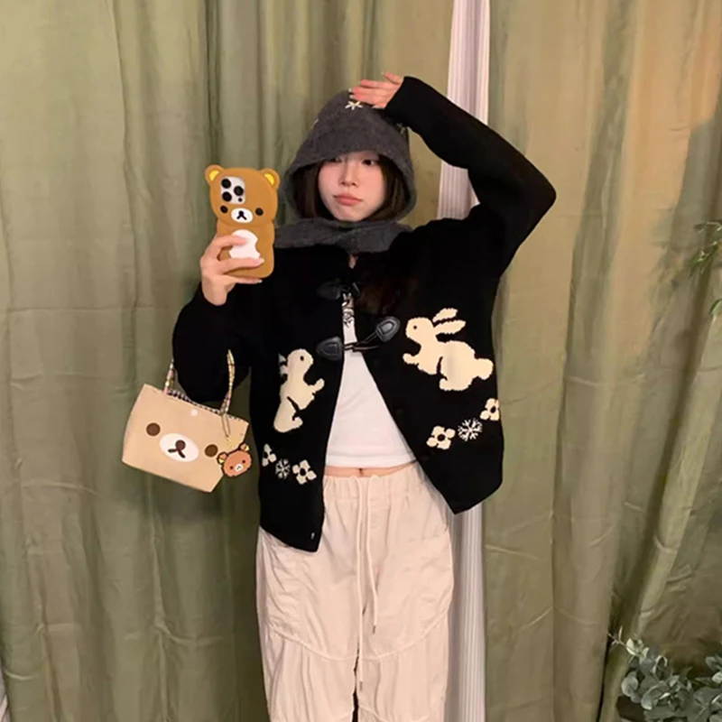 

MEXZT Cartoon Knitted Cardigan Women Harajuku Black Sweater Outerwears Streetwear Korean Knitwears Winter Long Sleeve Jumpers