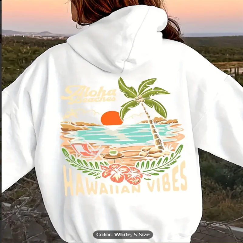 

Модная толстовка с капюшоном — мягкий эластичный полиэстер, трикотаж с длинными рукавами и капюшоном, повседневный пуловер, толстовка с буквенным принтом «Пляжная пальма»