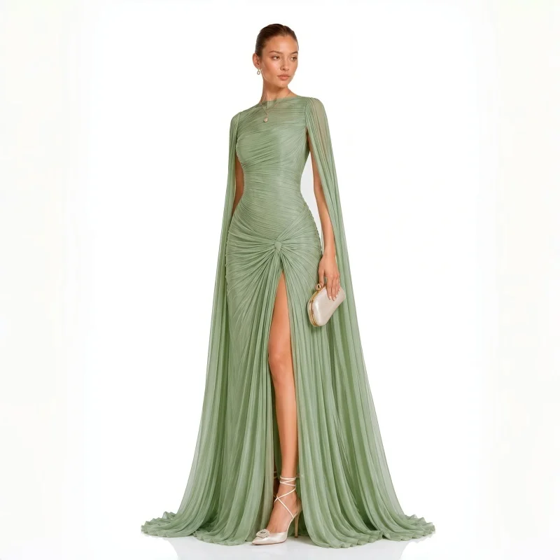 Heavy Draped Pleated Chiffon Formal Gown With Cape Sleeves Floor Length Evening Dress Luxury Long Maxi Dress Dubai Wedding Guest