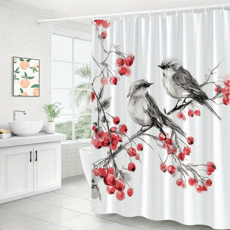 

1pc Watercolor bird and red berry pattern shower curtain, polyester fabric, machine washable, suitable for bathroom decoration