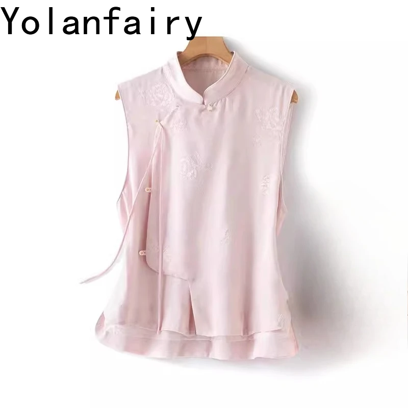 

YOLANFAIRY 100% натуральные шелковые майки из тутового шелкопряда для женщин, летняя элегантная жаккардовая безрукавка с воротником-стойкой, верхняя одежда