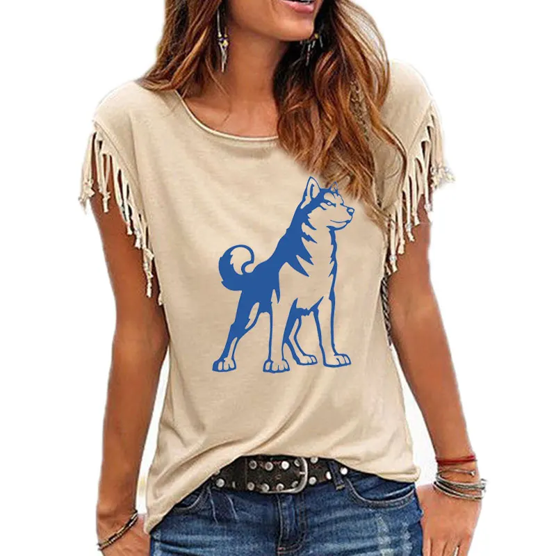 

New Fashion Women Dog Husky Pattern Women Cotton Tassel Casual T-shirt Women's Tees Short Sleeve O-neck Femme t shirt