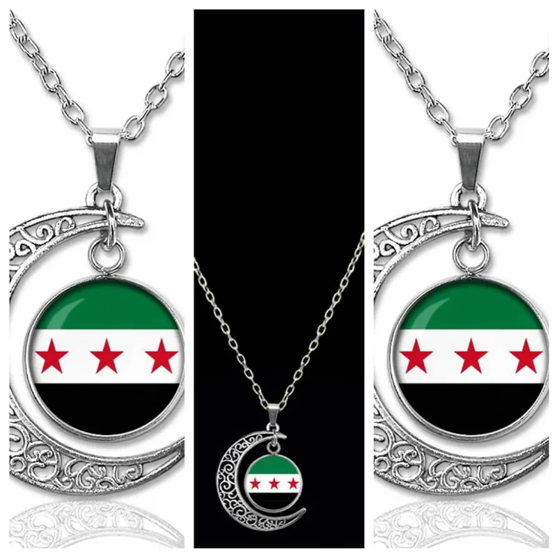 Syrian Map Flag Pendant Stainless Steel Moonlight Gemstone Syrians Necklace Trendy Charm Jewelry For Women Men Ethnic Gifts