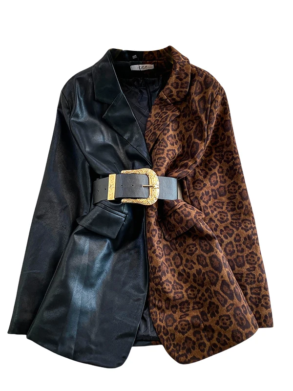 Sli imprimé léopard Patchwork cuir Jaet femmes hiver minceur Vintage taille-collant Faionable vêtements d'extérieur