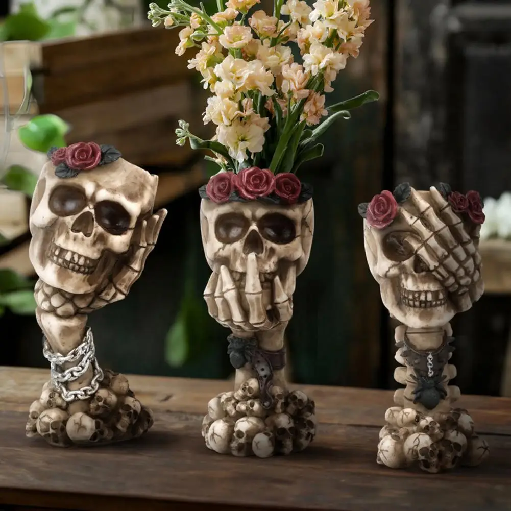 Flower Vase Hear No Evil Skull Vase with Rose Decor Skeleton Figurine for Halloween Altar Collectible Ornament Gift Skull Rose