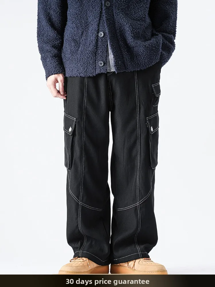 

American Retro Fce Lined Straight Leg Workwear Pants Winter New Loose Casual Thi Long Trousers for Men Couple