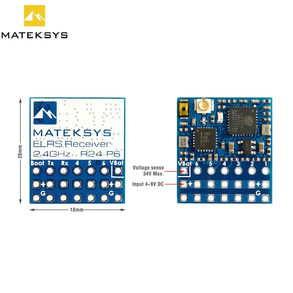 MATEK ELRS-R24-P6 R24-P6 EXPRESSLRS PWM 리시버, 안테나 커넥터 포함, 지지대 2 ~ 8S VBat 전압 감지, RC FPV 드론용, 2.4GHz