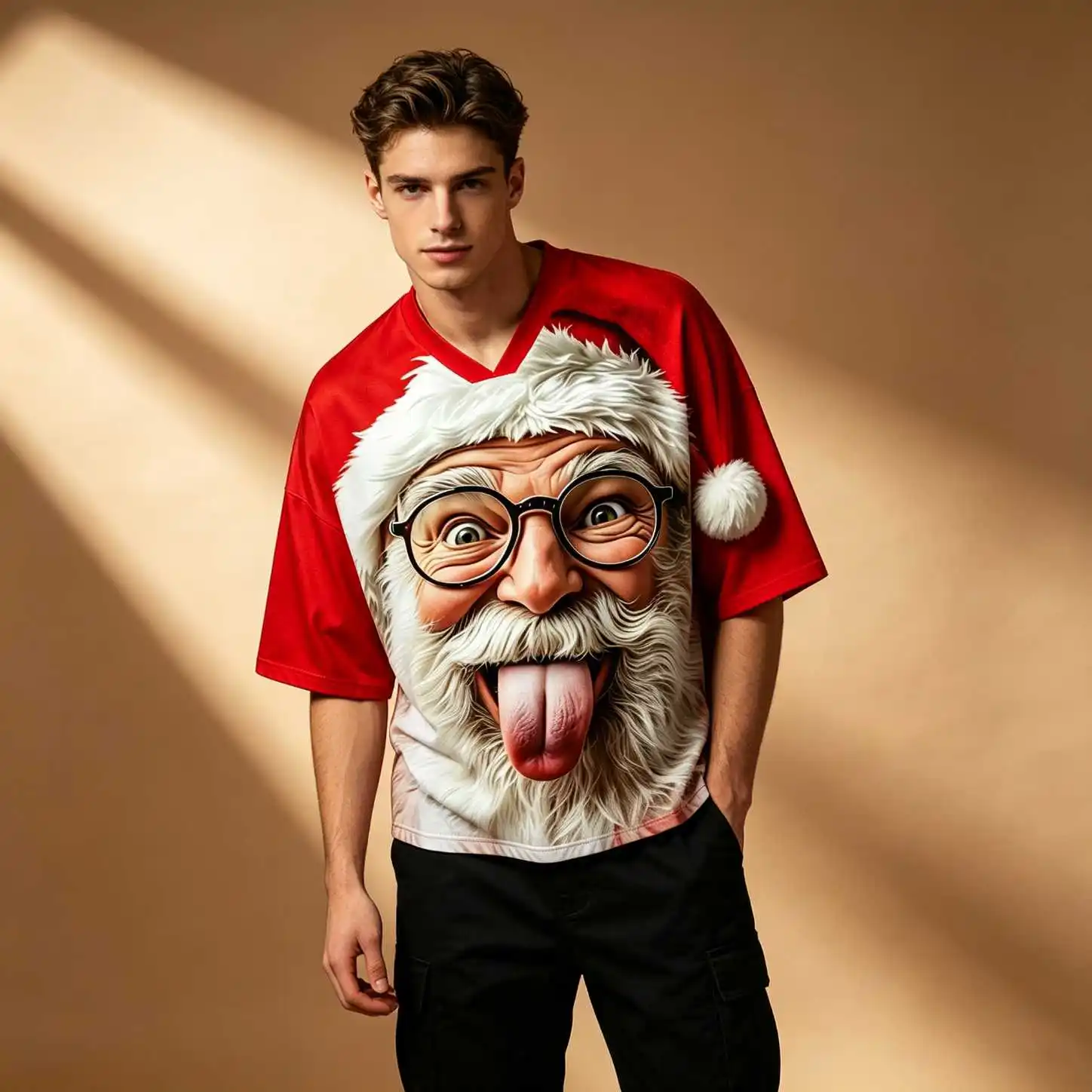 Christmas Party Funny Santa Face Print Men Oversized V Neck Elbow Sleeve Tee, Winter Casual Loose Streetwear Tops