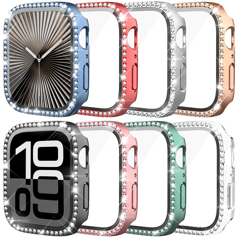Glass+Diamond Cover For Apple watch case 46mm 44mm 42-41mm 45mm 40mm Bling Bumper Protector iWatch series 10 9 8 7 6 5 4 se case