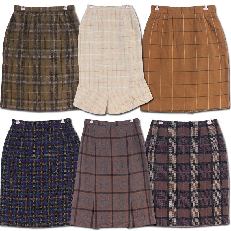 

Винтажная юбка-карандаш в клетку с завышенной талией для женщин, юбка-обертка, юбка А-силуэта для студенток, из смесовой ткани (полиэстер/шерсть)