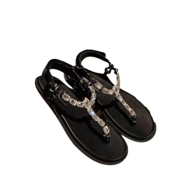 2024 Europe and the United States summer new sparkling rhineshew flat bottom knot double toe flip-flops woman