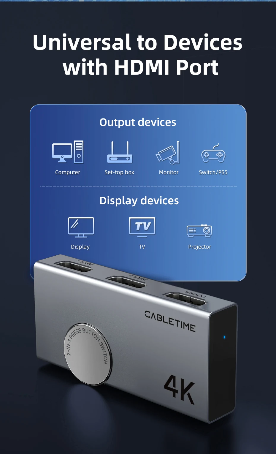 CABLETIME HDMI Switch Splitter 4K 2 in 1 Out 60Hz HDMI-kompatibel 2,0 Hub Switcher für PC Laptop HDTV Xbox PS4 PS5 TV Macbook – Detail 18