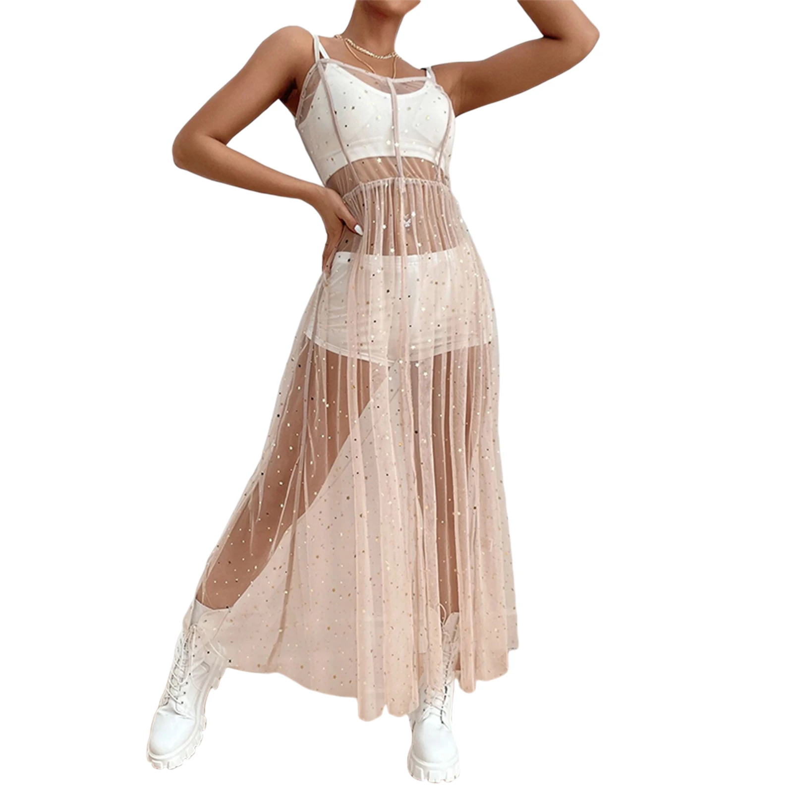 

2023 Hot Women Cover Up Sheer Dress Sexy Sleeveless Square Neck Beach Holiday Sequined Split Long Dress