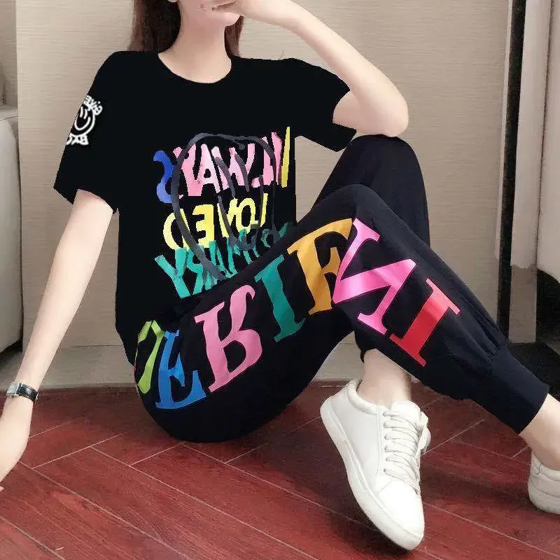 Women\'s 2025 Spring Summer New Casual Sports Suit Short Sleeved Printed T Shirt And Harem Pants Two Piece Set For Women Clothing
