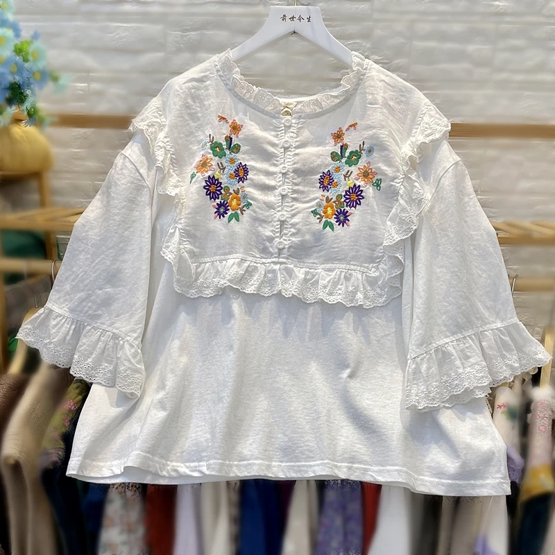 

Vintage Linen Cotton Patchwork Floral Embroidery Ruffled Lace Blouse Women Cottagecore Retro Chic Rococo Victorian Summer Tops