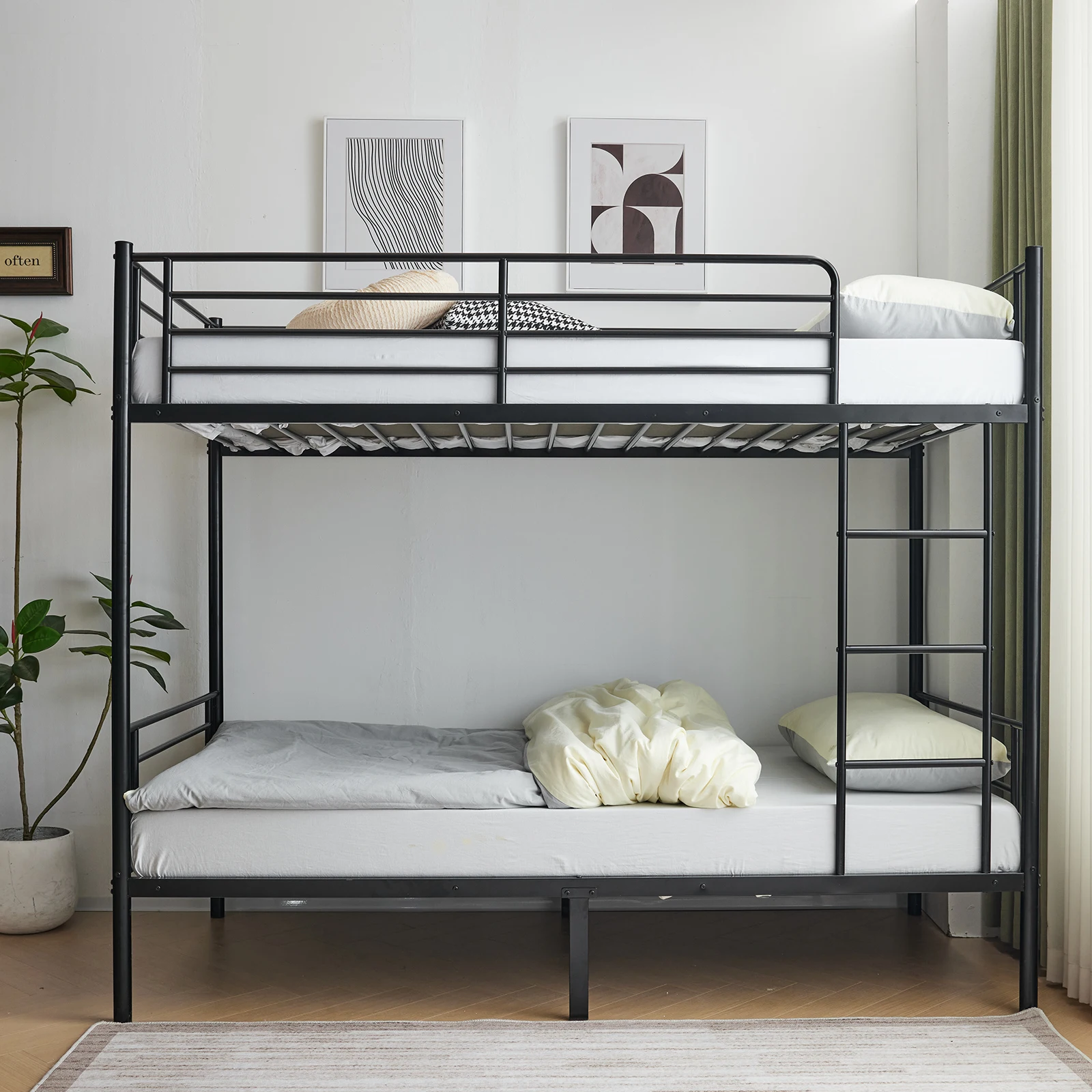 Iron Bed Bunk Bed with Ladder for Kids Twin Size Black