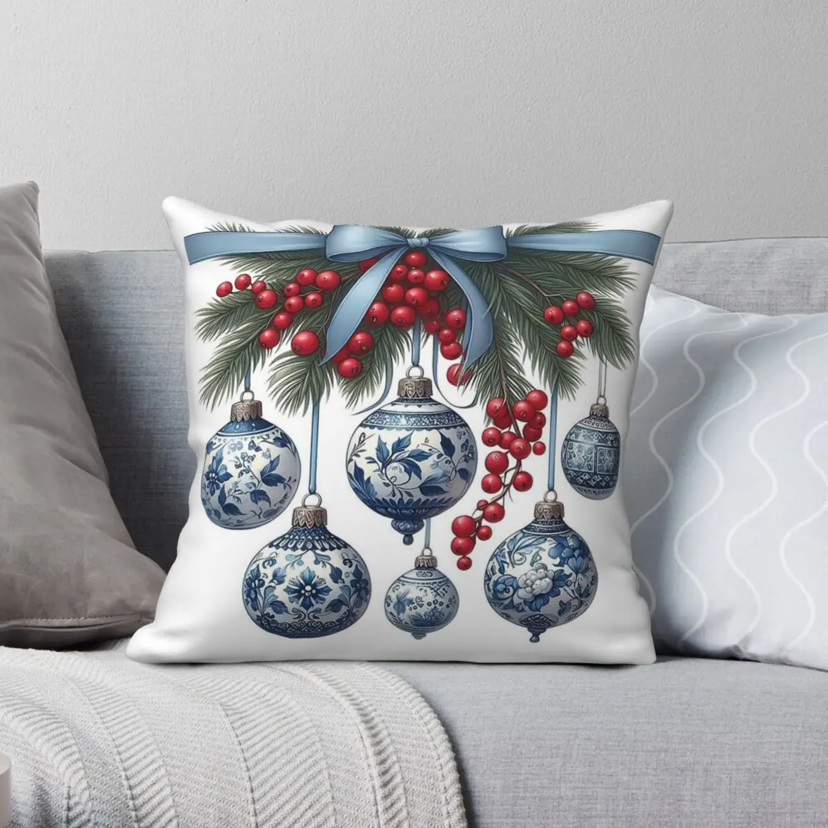 Chinoiserie Christmas Tree Blue White Pillowcase Polyester Linen Velvet Printed Zip Decor Pillow Case Sofa Cushion Case 18