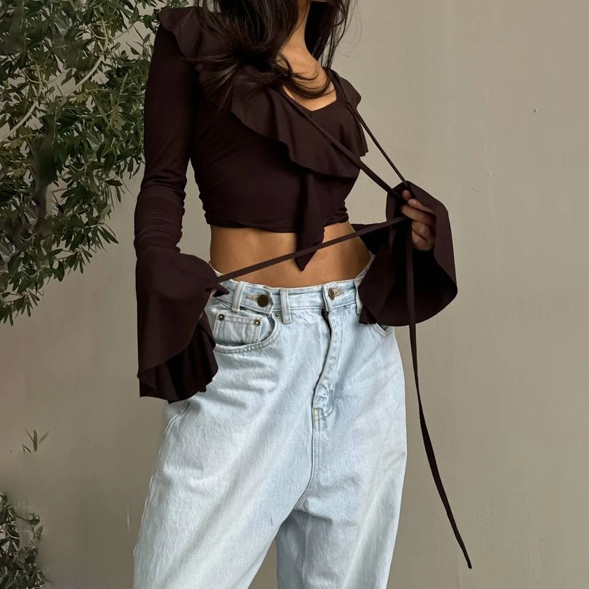

Women Long Sleeve T-shirts Solid Ruffle Trim V Neck Crop Going Out Tops for Spring Fall
