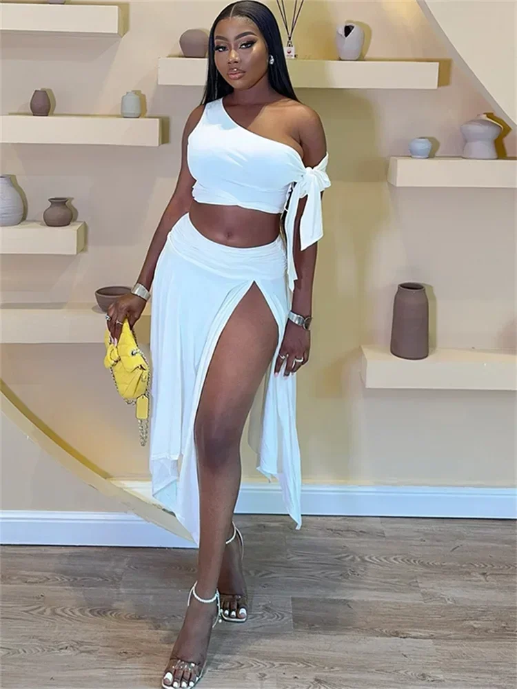 

CPSYMYM Ruched Irregular 2 Piece Set Women Skew Collar Bandage Tassel Backless Crop Tops + Ruffles Slits Skirt Street Sexy Suit