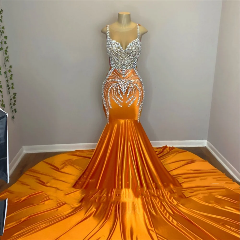 MULONG Bling  Diamond  Orange Mermaid Arabic Evening Dress with Beaded Luxury  Dubai Formal Dresses for Women Wedding Party Gown