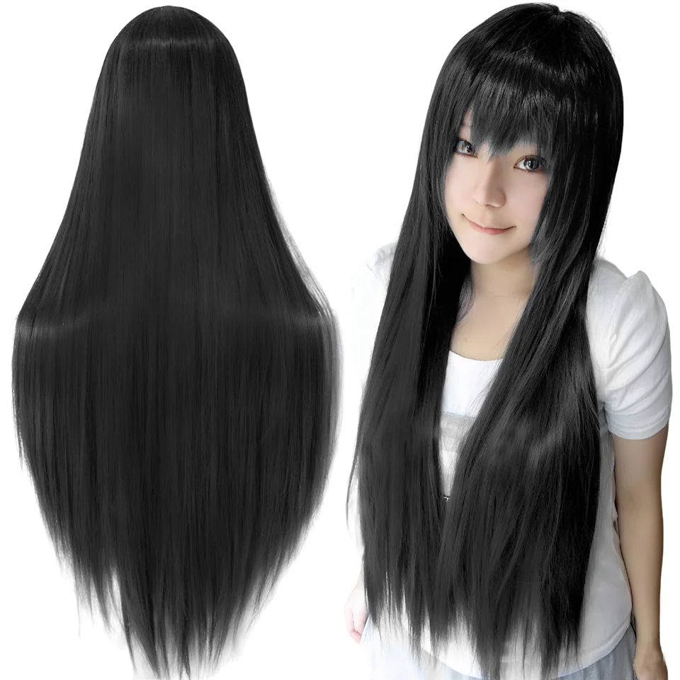 Peluca sintética lacia de 80 cm para cosplay, blanca, púrpura, verde, plateada, rosa, estilo lolita con flequillo, larga 2