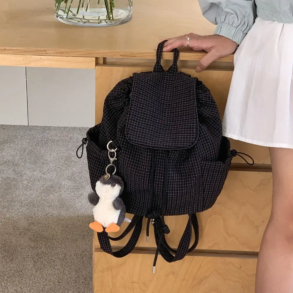 

Solid Color Drawstring Backpacks Korean Canvas Ruched Shoulder Bags Large Capacity Light Weight Plaid Nylon Backpacks Unisex