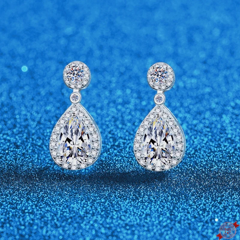 

2,0 карата Муассанит S925 Серебряные серьги-гвоздики для женщин с платиновым покрытием в форме капли воды, модные ювелирные изделия, оптовая продажа