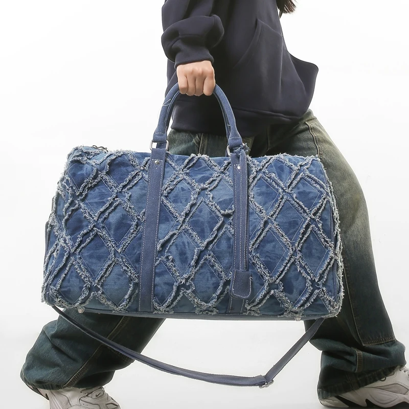

Denim Duffle Bag Fashion Travel Bag Unisex Shoulder Bag Casual Gym Bag with Unique Ripped Design Large Capacity Versatile Usage