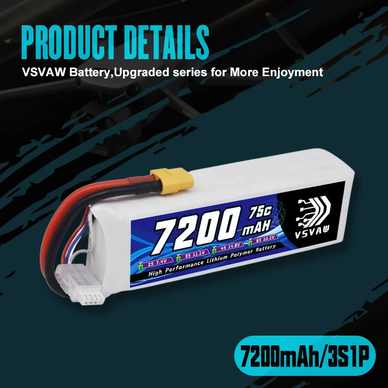 Akumulator Lipo VSVAW 3S 11.1V 7200mAh 75C z złączem XT60 do samochodów RC, ciężarówek, czołgów, samolotów RC, dronów, helikopterów