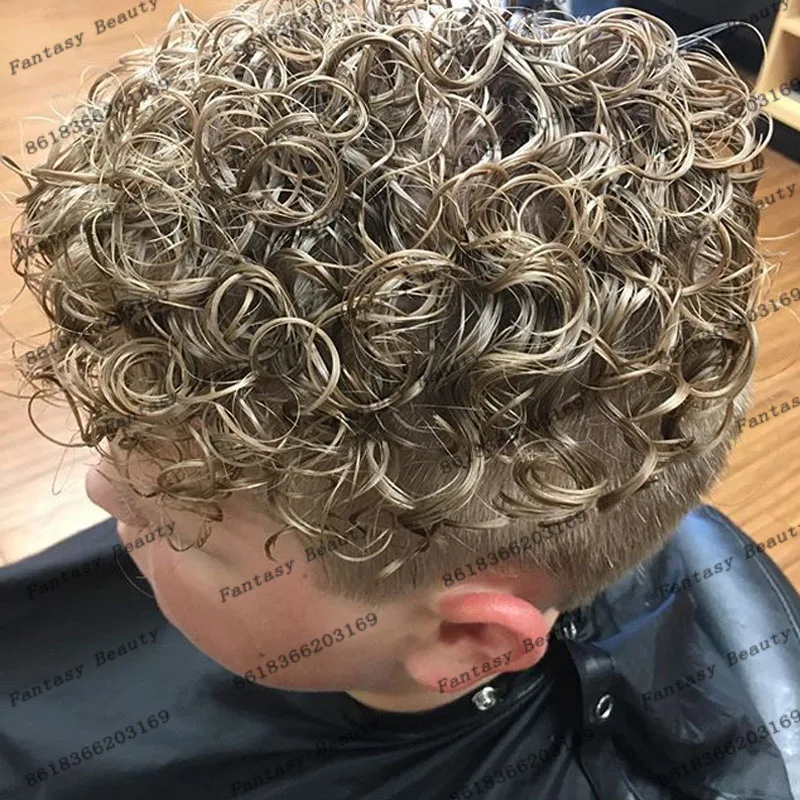 

Afro 18mm Natural Curly Human Hair Men's Wigs Super Durable THin Skin Base #20 Grey Light Brown Hair Prosthesis System Capillary