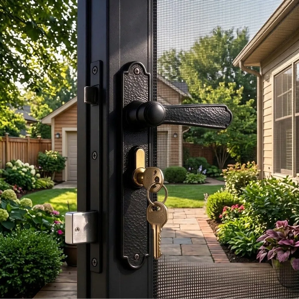 Zinc Alloy Screen Door Handle Lock with Vintage Black Hammered Providing Secure Engagement and Architectural Cohesion
