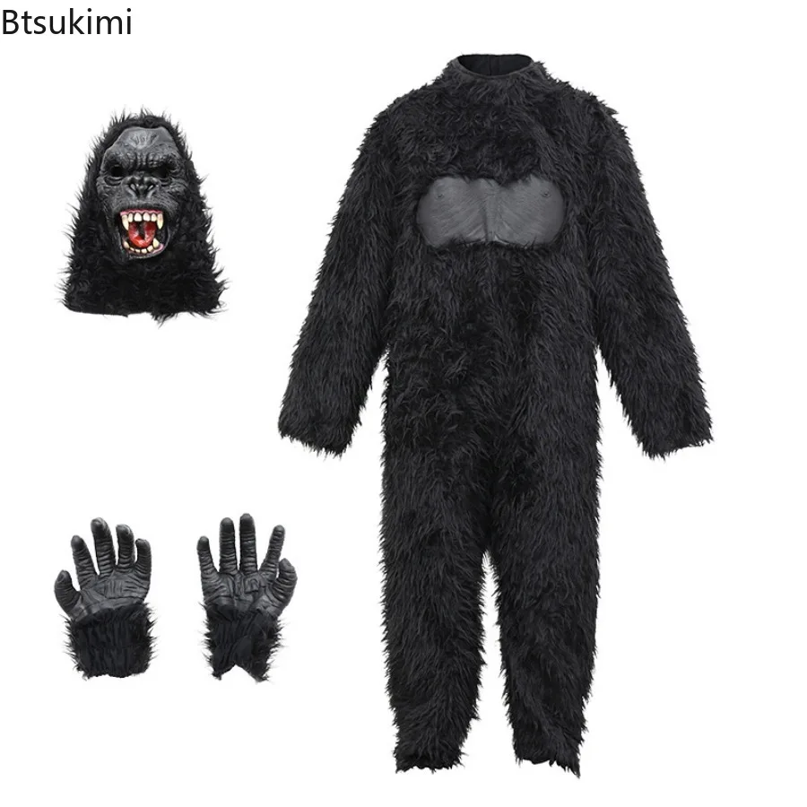 Halloween Schwarze Orang-Utans Cosplay Kostüm Tier-Jumpsuit Komplettset Jungen Mädchen Ganzkörper Pelzanzüge Tierkostüme für Aufführungen
