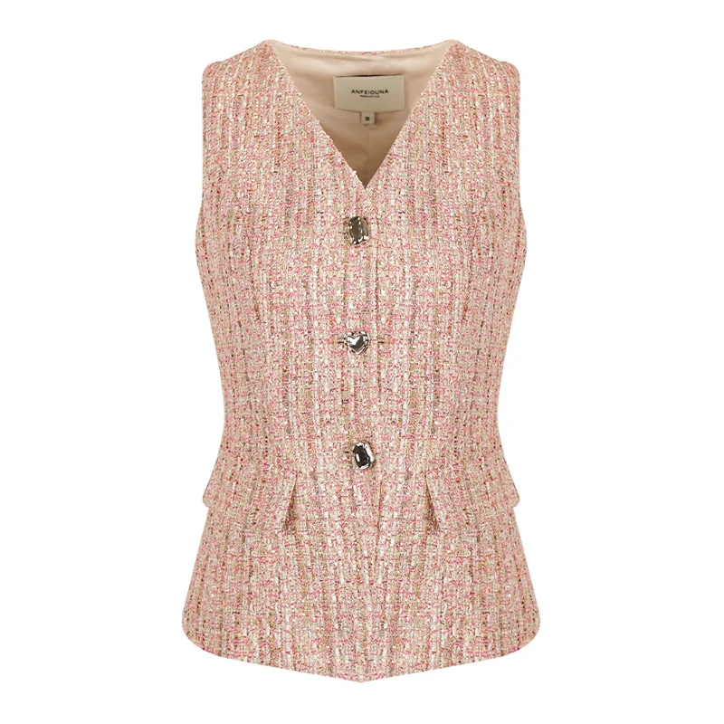 French Small Fragrance Pink Tweed Sleeveless Coat Women Slim V-neck Casual High Quality Korean Chic Vest Female