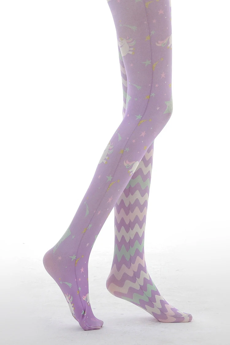 Cute Cartoon Printed Lady Tights Purple Velvet AB Style Kawaii Unicorn Pattern Lolita Personality Corrugated Asymmetrical Tights