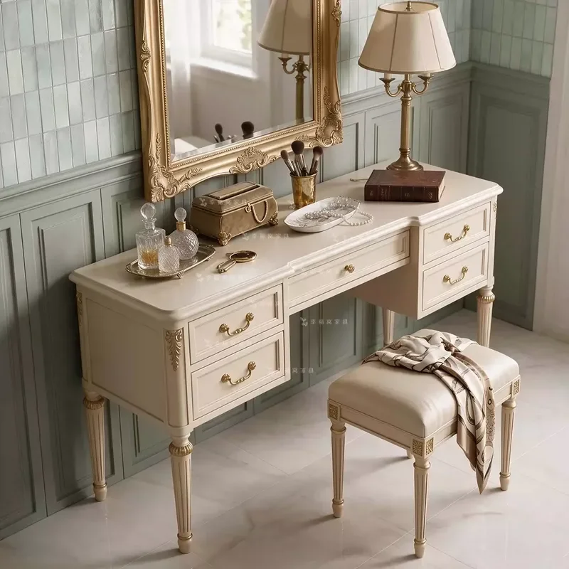 American Light Luxury Solid Wood Dresser with Mirror Modern Makeup Table Carved Gold Writing Desk for Household Use