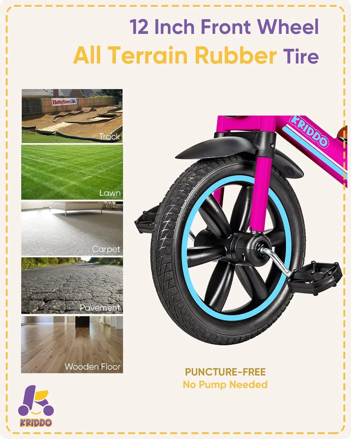 Kinderen Driewieler, 12 Inch Lekvrije Rubberen Wiel Met Voorlicht, Verstelbare Zithoogte, Cadeau Voor 2-5 Jaar, Roze