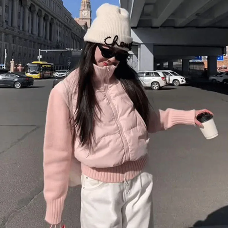 Korean Sweet Cotton-Padded Jacket Women Winter New Knitted Spliced Down Cotton Coats Fashion Short Stand-Up Collar Warm Parkas
