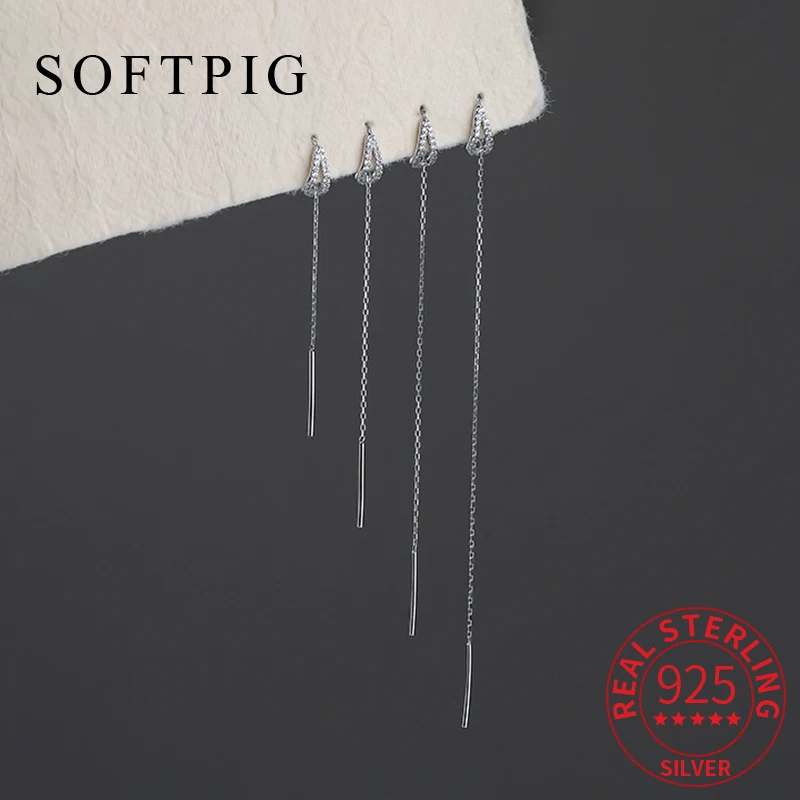 

SOFTPIG 1 Piece Real 925 Sterling Silver Zircon Water Drop 4/6/8/10CM Tassel Stud Earrings for Women Party Trendy Fine Jewelry