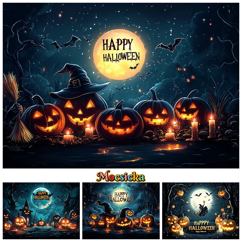 

Happy Halloween Background For Photography Night Moon Bat Candle Kid Baby Children Pumpkin Party Backdrops Decoration Photo Zone