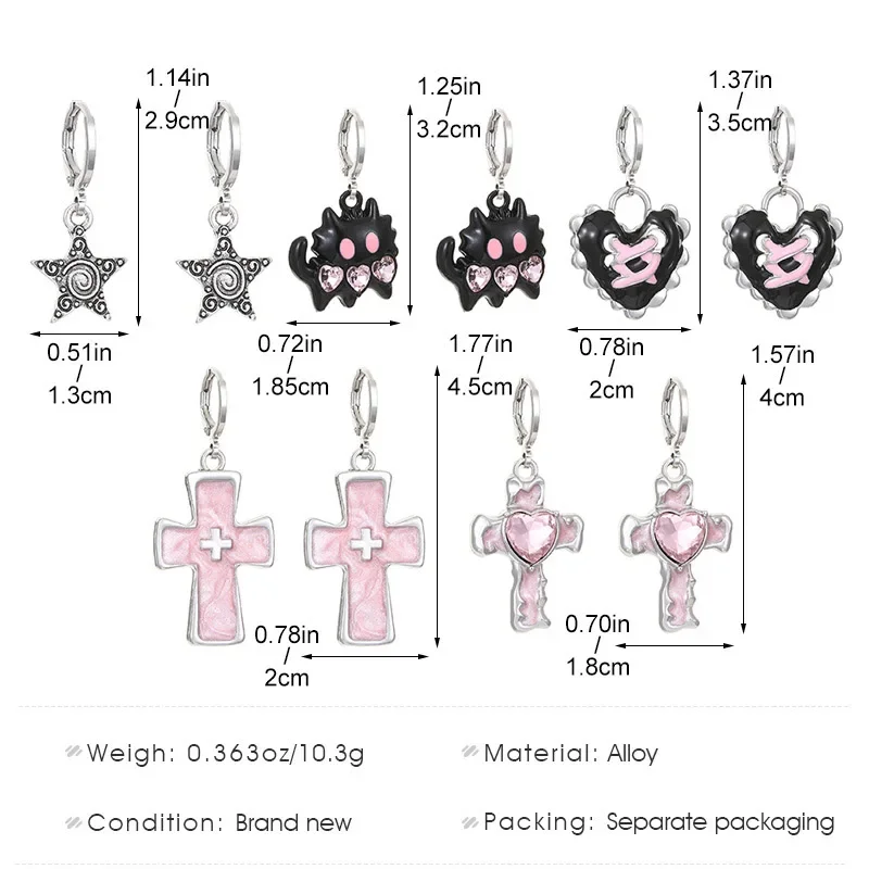 Goth Harajuku Vintage Aesthetic Pink Cross Crystal Star Heart Pendant Earring for Girl Y2K Grunge 2000s EMO Jewelry Accessories